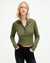 AllSaints - Hallie Long Sleeve Ribbed Polo Shirt - Lyst