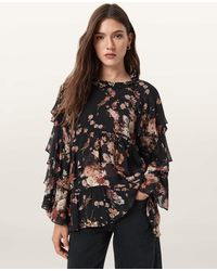 AllSaints - Viscose Lissie Floral Print Ruffled Top, /Us 2 - Lyst