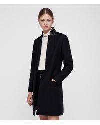 AllSaints Leni Stud Trim Leather Collar Wool Blend Coat - Black