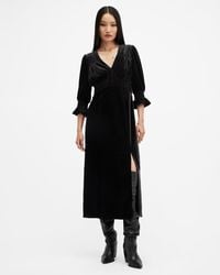 AllSaints - Ani V-Neck Velvet Midi Dress - Lyst