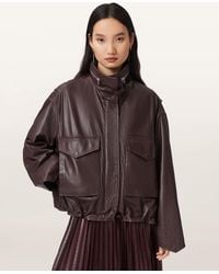 AllSaints - Clay Funnel Neck Oversized Leather Jacket - Lyst