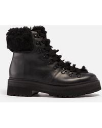 Grenson - Nettie Shearling-Trimmed Leather Hiking-Style Boots - Lyst