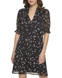 DKNY - Fit And Flare Short Sleeve Tie Neck Dress - Lyst