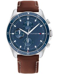 Tommy Hilfiger Qtz Multifunction Stainless Steel And Leather Strap Casual Watch - Blue