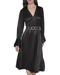 Karl Lagerfeld - Paris Long Sleeve Crinkle Poly Satin Novelty Belt Midi Shirt Dress - Lyst