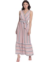 Donna Morgan - Striped Sleeveless V-neck Maxi Dress With Waist Tie And Hem Tier - Lyst