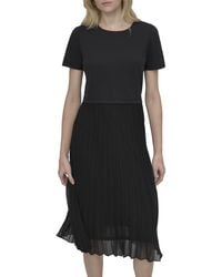 DKNY - Short Sleeve Jewel Neck Pleated Skirt Keyhole Midi Dress - Lyst