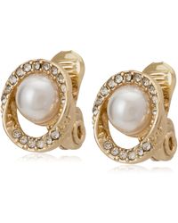 Anne Klein - Gold/pearl/crystal Pave Halo Twist Button Ez Comfort Clip Earrings - Lyst