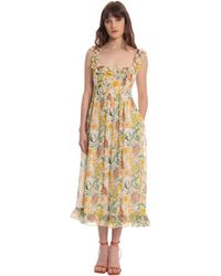 Donna Morgan - Floral Printed Midi Dress With Ruffle At Square Neck And Hem - Lyst