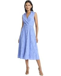 Maggy London - Sleeveless Eyelet Midi Wrap Bodice And Collared V-neck-embroidered Voile Summer Wedding Guest Dress - Lyst