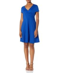 Lark & Ro Cap Sleeve Faux Wrap Fit And Flare Dress - Blue