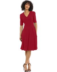 Donna Morgan - S Dresses Stretch Crepe Elbow Sleeve V-neck Fit And Flare Midi - Lyst
