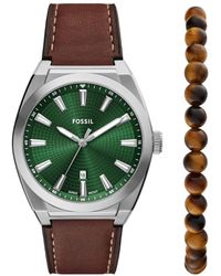 Fossil - Everett Three-hand Date Brown Leather Watch And Bracelet Set - Lyst