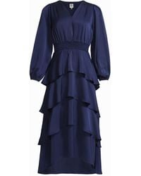 Anne Klein - Long Sleeve V-neck Tiered Midi Dress Purple - Lyst