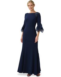 Adrianna Papell - Stretch Knit Crepe Gown With Ribbon Beaded Shoulder Detail Organza Bell Sleeve - Lyst