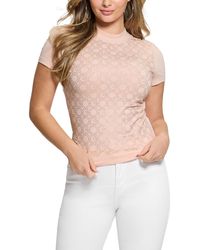 Guess Rhinestone-logo Mock-neck Short-sleeve Top in White | Lyst