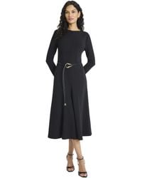 Maggy London - Long Sleeve Midi Dress With Tie Belt-a-line Silhouette Round Neck Fitted Bodice - Lyst