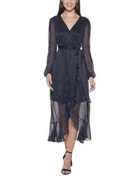 Kensie - Faux Wrap Shimmer Crinkle V-neck Midi Dress - Lyst