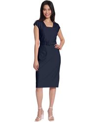Maggy London - Petite Square Neck Cap Sleeve Belted Dress With Pencil Skirt - Lyst