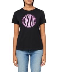 DKNY - Short Sleeve V-neck Mesh Ruched Knit Top - Lyst