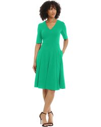 Donna Morgan - Stretch Crepe Elbow Sleeve V-neck Fit And Flare Midi Dress - Lyst