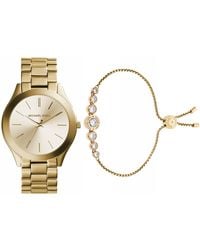 Michael Kors - Slim Runway Three-hand Stainless Steel Quartz Watch Blush Rush Gold-tone Bead Bangle Bracelet - Lyst