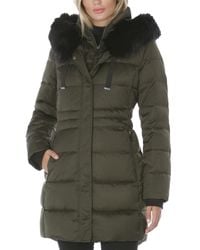 Tahari - Fitted Puffer Jacket With Bib And Faux Fur Trimmed Hood - Lyst