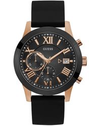 Guess - Comfortable Black + Rose Gold-tone Stain Resistant Silicone Chronograph Watch With Date. Color:black/rose Gold-tone - Lyst