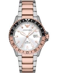Emporio Armani - Gmt Dual Time Rose Gold And Silver Two-tone Stainless Steel Bracelet Watch - Lyst