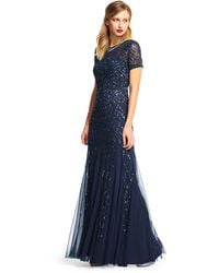 Adrianna Papell - Short-sleeve Beaded Mesh Gown - Lyst