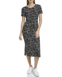 Andrew Marc - Short Sleeve Printed Midi Dress With Slits - Lyst