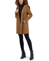 Kenneth Cole - Hooded Double Face Wool With Hidden Snap Closure And Rib Knit Sleeve Coat - Lyst