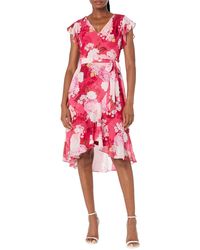 Adrianna Papell - Printed Floral Chiffon Side Wrap Dress With Cascade Ruffle - Lyst
