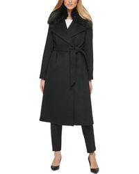 Karl Lagerfeld - Belted Faux Fur Trim Wool Blend Coat - Lyst