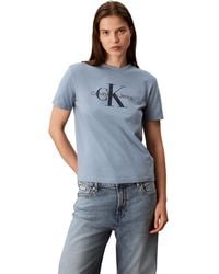 Calvin Klein - Monogram Logo Crewneck T-shirt Faded Denim - Lyst