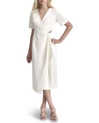 DKNY - Short Sleeve Surplice Neck Faux Wrap With Metal Trim Scuba Crepe Midi Dress - Lyst