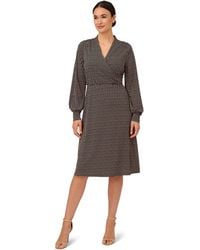 Adrianna Papell - Printed Faux Wrap Dress With Long Bishop Sleeves - Lyst