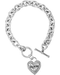 Guess - Silvertone Heart Logo Charm Toggle Bracelet - Lyst