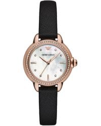 Emporio Armani - Three-hand Rose Gold And Black Leather Band Watch - Lyst