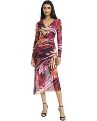 Donna Morgan - Abstract Palm Print V-neck Ruched Midi-long Sleeve Fitted-wedding Guest Dress - Lyst