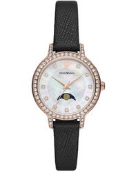 Emporio Armani - Moonphase Black Leather Watch - Lyst