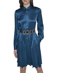 Karl Lagerfeld - Paris Long Sleeve Crinkle Poly Satin Novelty Belt Midi Shirt Dress - Lyst