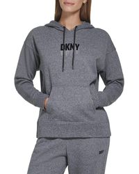 DKNY - Ivory Cotton Blend Ribbed Pocketed Attached Hood Drawstring Long Sleeve Hoodie Sweater - Lyst