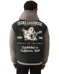 TRUE RELIGION - Varsity Hooded Puffer Jacket For – Warm Lightweight Winter Outerwear With Logo Patches |jet Black/granite - Lyst