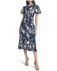 Calvin Klein - Flutter Sleeve Round Neck Dot Crepe A-line Midi Dress - Lyst