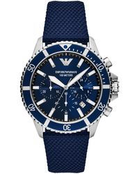 Emporio Armani - Chronograph Silver And Blue Nylon And Leather Band Watch - Lyst