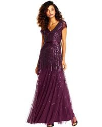 Adrianna Papell - Long Beaded V-neck Dress With Cap Sleeves And Waistband - Lyst