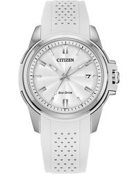 Citizen - Ladies' Eco-drive Classic Silver Stainless Steel 3 Hand Watch With White Rubber Strap,white Dial - Lyst