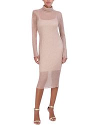 BCBGMAXAZRIA - Fitted Bodycon Midi Dress Long Sleeve Mock Neck Pleated Glitter Mesh - Lyst