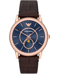 Emporio Armani - Three-hand Moonphase Brown Leather Band Watch - Lyst